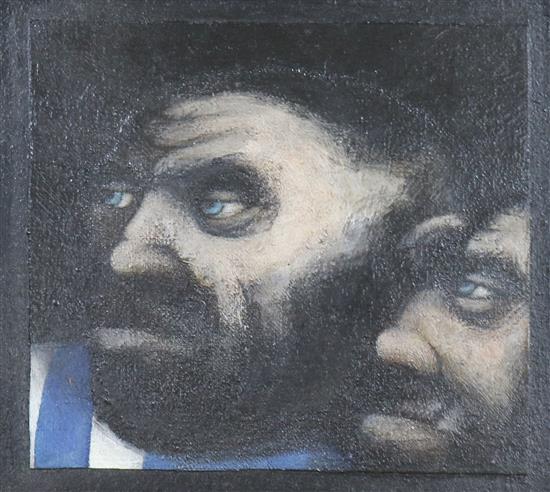 Peter Kennelly, oil on board, Two Heads, Jill George Gallery label verso, 18 x 16.5cm.